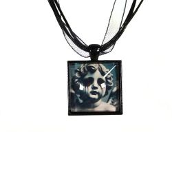 Grunge Goth Cupid Cherub Angel Crying Black Ribbon Necklace Black Metal Pendant 