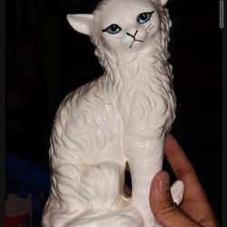 Vintage White Porcelain Cat With Blue Eyes