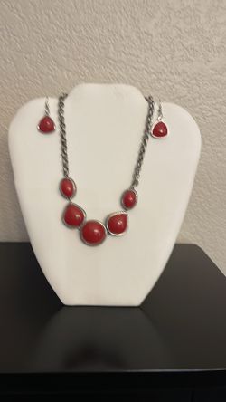 Red And Silver Necklace And Earring Set