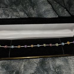 Multicolor Stone Bracelet, 14K White Gold Multi Color Bracelet, Color Stone Bracelet, Rainbow Bracelet, Rainbow Flower Bracelet 8”