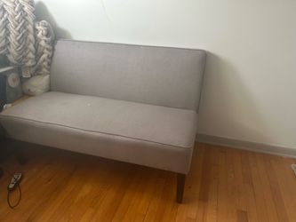 Gray Upholstered Loveseat with Wood Legs