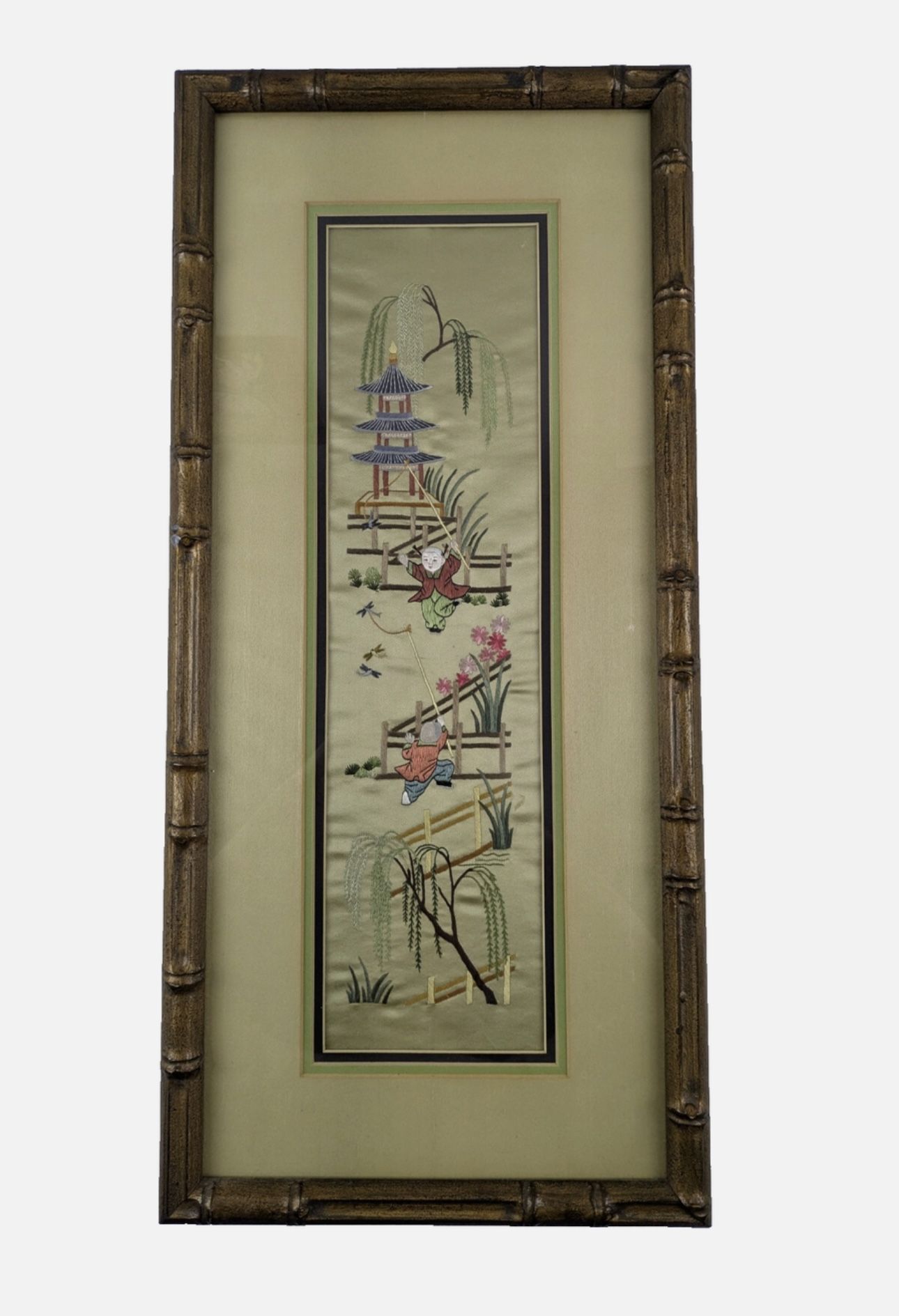 Vintage Chinese Silk Embroidery – Garden Scene with Pagoda & Figures, 12.5x27”