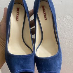 Prada Blue Suede Block Heel Peep Toe Pumps Size 40 Authentic 