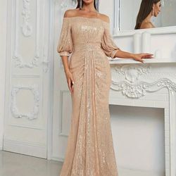 Bedazzled Champagne Sequin Brush Train Dress