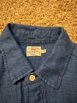 Faherty Basketweave Cotton Linen Button Down Shirt Mens Size Medium Blue