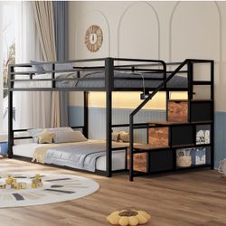 Low Bunk Bed Twin Over Twin with Storage Staircase, Drawers & Shelves, RGB LED Lights Metal Floor Bunk with Power Outlet, Full-Length Guardrail & Meta
