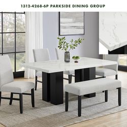 6 PC FAUX MARBLE DINING TABLE WITH CHAIRS AND BENCH 