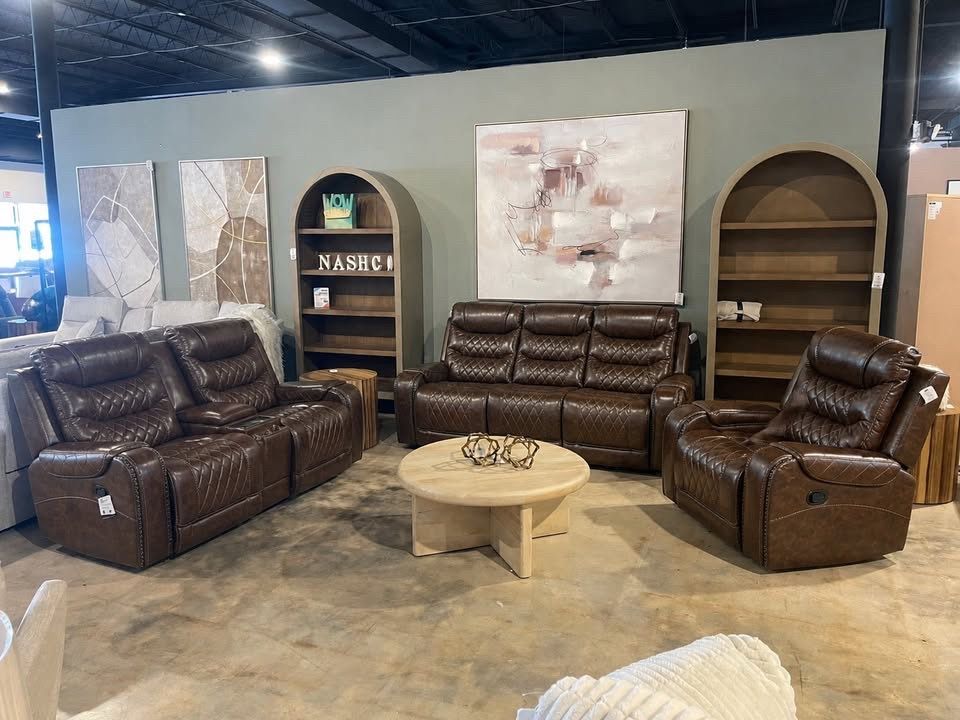Brown Leather Double Reclining Sofa With Drop Down Cup Holders