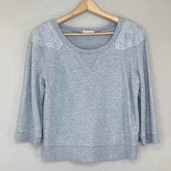 Hinge Medium Gray Scoopneck Crochet Pullover Sweatshirt 3/4 Sleeve Preppy 100% Cotton Sweater