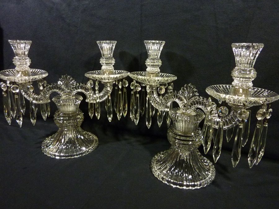 HEISEY GLASS Vintage RIDGELEIGH CRYSTAL CANDELABRA PAIR BOBECHES PRISMS HTF