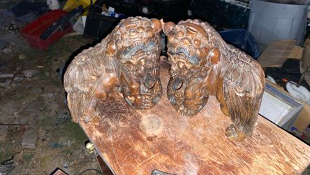 Vintage Pair of Hand-Carved Hardwood Chinese Foo Dogs – Male & Female Guardian Lions (10 lbs Total)