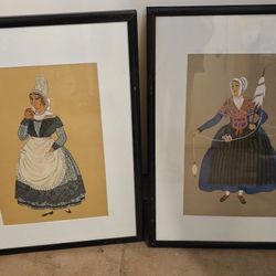 Antique French Illustration Costume Women Folk Art