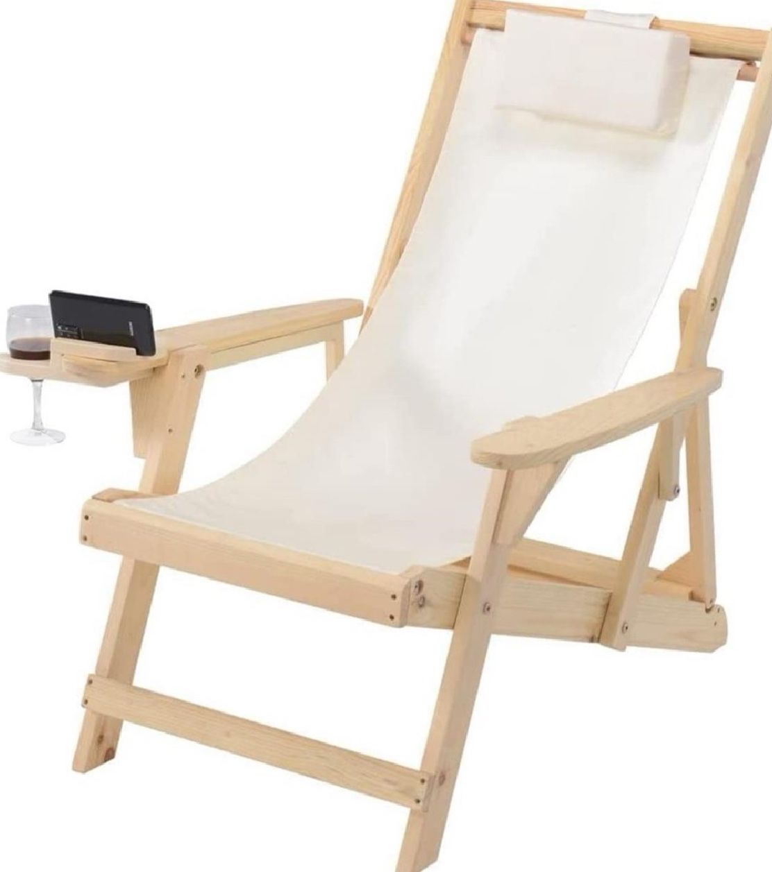Romantic Wood and Canvas Sling Chair w/Cup & Wine Holder in Natural(NEW)