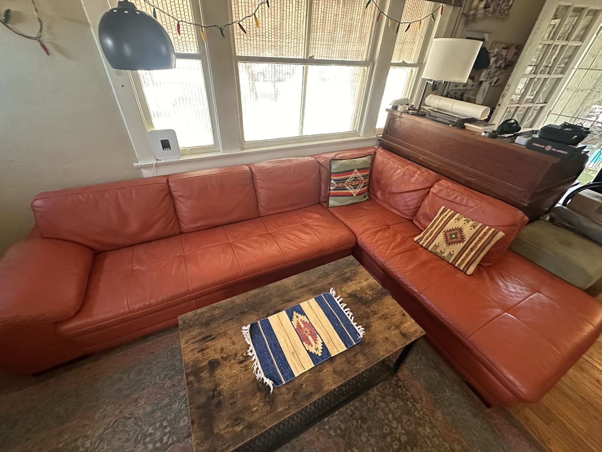 Red/Orange Leather Sectional Couch