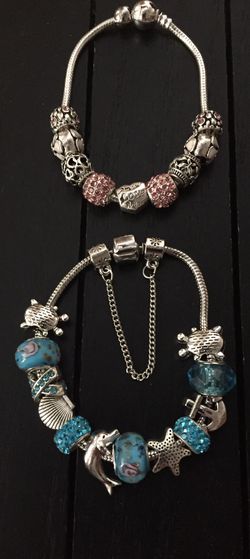 Two 8” Sterling Silver Plated Charm Bracelets with Swarovski Crystal Charm beads and Murano Glass beads, Value Pack/We ship Fast!