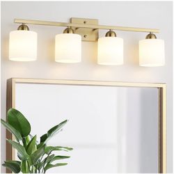 Stainless Steel Milk Glass Vanity Lights for Bathroom, 4 Light Gold Bathroom Light Fixtures