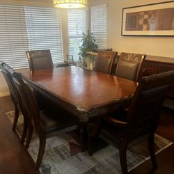 8 Chair Mahogany Brown Ornate Wood Formal Dining Table with Two Extra Table Leafs