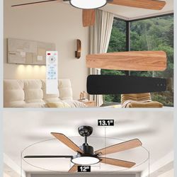 TALOYA 52 Inch Black Ceiling Fans with Lights Led Remote Control Flush Mount Low Profile for Bedroom Living Dining Room Outdoor Farmhouse Patio,Revers