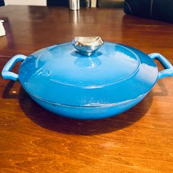 WOLFGANG PUCK 12” ENAMELED CAST IRON CHEFS PAN with LID, Blue (Rare)
