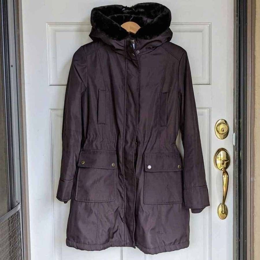 Andrew Marc New York size M medium dark brown faux fur hooded warm winter parka jacket overcoat