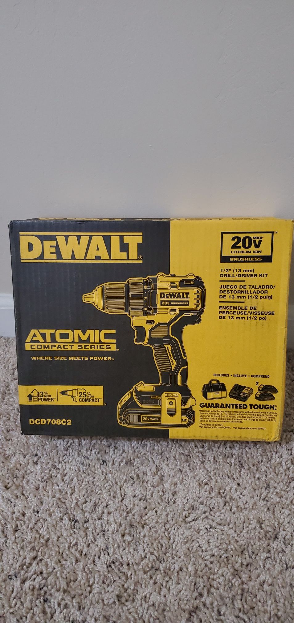 DEWALT ATOMIC 20-Volt MAX Lithium-Ion Brushless Cordless Compact 1/2 in. Drill Driver w/ (2) Batteries 1.3Ah, Charger & Bag