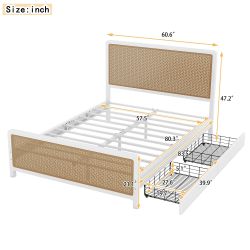 Queen Size Metal Platform Bed With 2 Drawers, White Box Spring Not Required Queen White Bedroom Bed Frame Metal