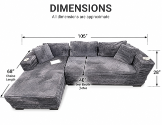 105” Oversized Gray Boneless Sectional Sofa with 68” Chaise – Deep Seat Corduroy Couch