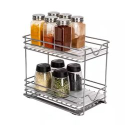 HOUSEHOLD ESSENTIALS 6 in. W 2-Shelf Nickel Double Sliding Spice Rack Organizer