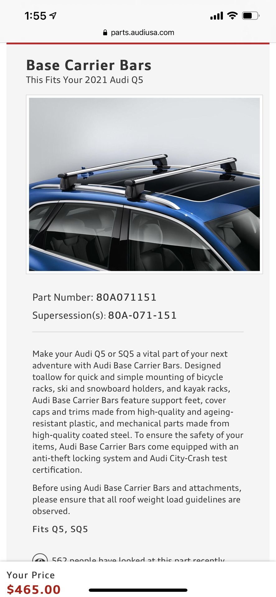 Brand New 2018-2021 OEM Factory Audi Q5 Roof Rack