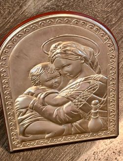 Vintage Italian Sterling Silver .925 Madonna & Child Bas-Relief Wood Plaque