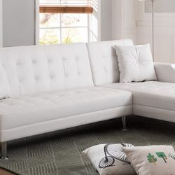 SLEEPER SECTIONAL. WHITE PU Tufted Reversible Sectional Sofa Bed 99.5 x 61 x 31 in. H