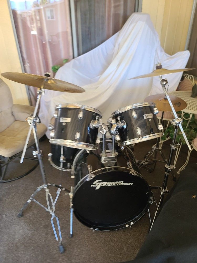 Drums / Drum Set Sound Percussion 5 Pc Drum Set in a Black Plastic ⚫️  Wrap complete withBass Pedal, Cymbals and Hi-Hats , Hardware / Stands , Sticks 