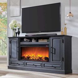 ES36 $350 2 box ES36-1,es36-2 Farmhouse Fireplace TV Stand for 80 Inch TV, Entertainment Center - Black