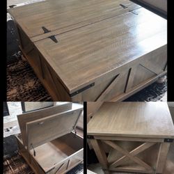 Grey beige wood storage coffee table + 1 end table