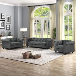 Fabric Sofa for Living Room Furniture Sets, Chair Loveseat and Sofa 3 Pieces Grey