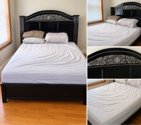 Black Wood Bed Frame with Ornate Headboard