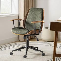 HOME Solid Wood Office Chair with Rocking Function, Comfy Fabric Desk Chair with Bent Wood and Metal Base, Height Adjustable Swivel Computer Tas