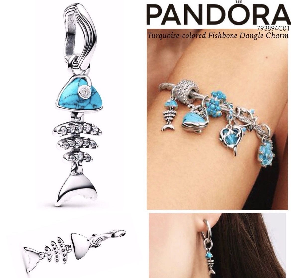 PANDORA Turquoise-colored Fishbone Dangle Charm w/box