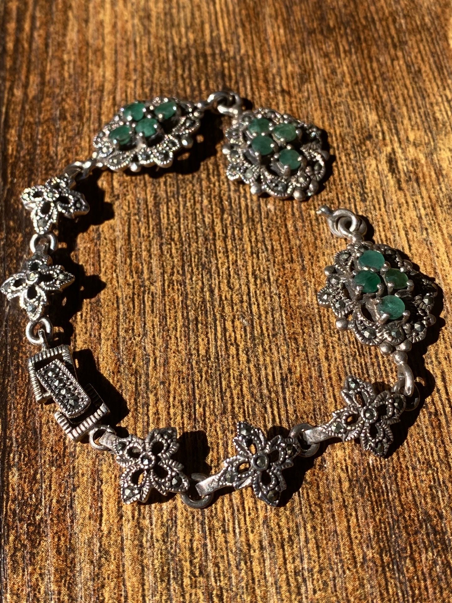Vintage 925 Sterling Silver Marcasite Green Stone Bracelet Art Deco Style 20.7g