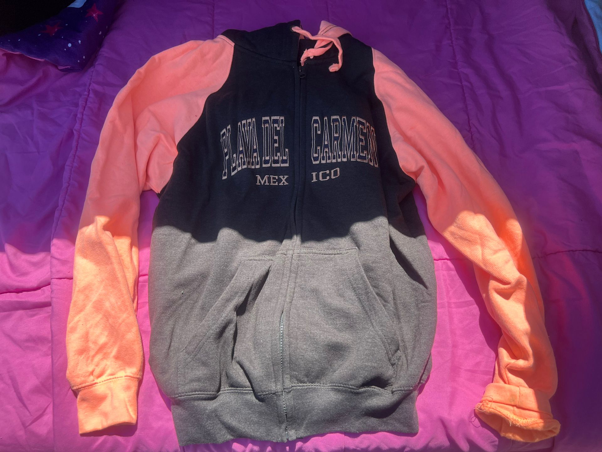 Playa Del Carmen, Mexico; sweatshirt by exist, women’s size medium, black and orange 