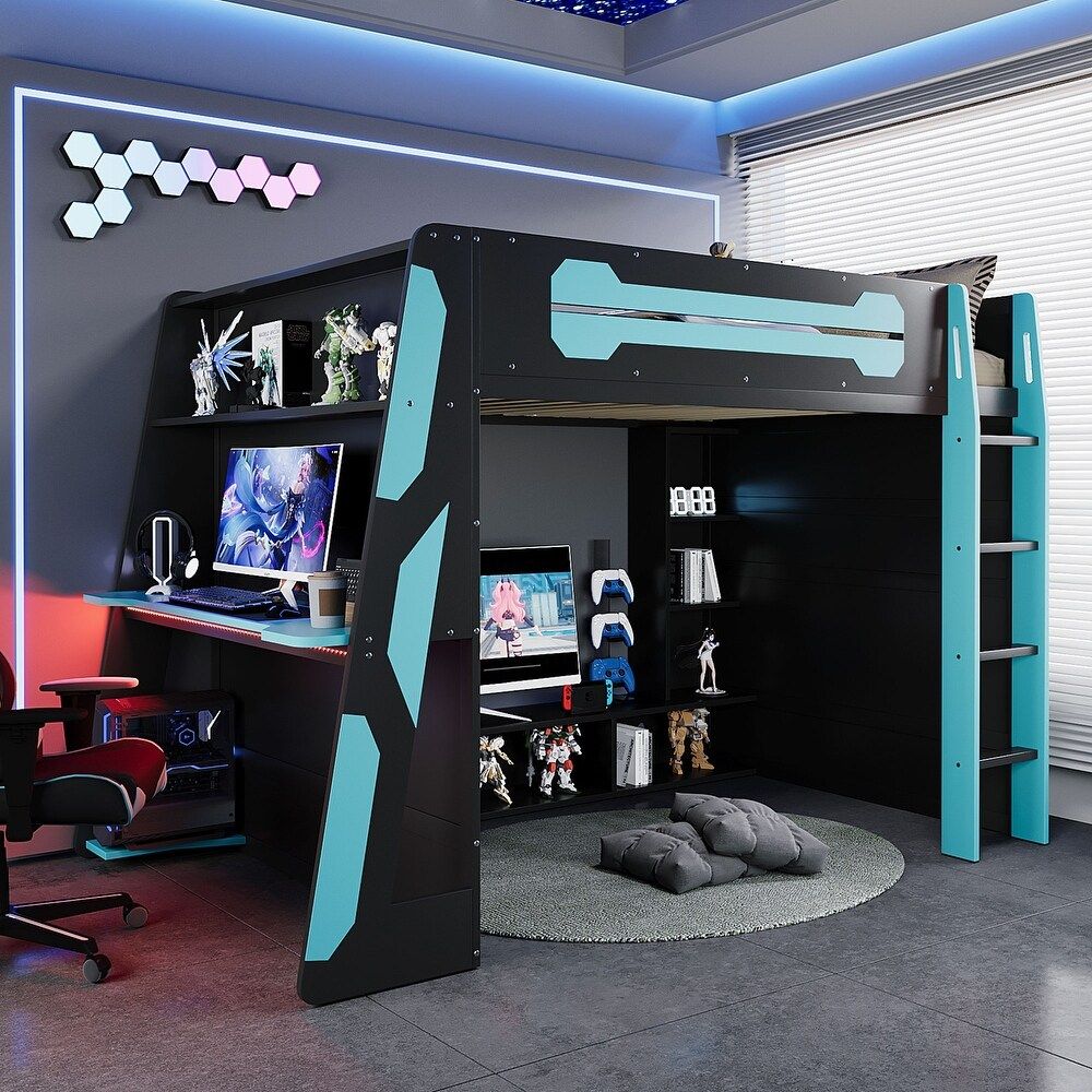 Full Size Wood Loft Bed with Desk, Multi-storage Shelves and RGB Light, Cloud Blue