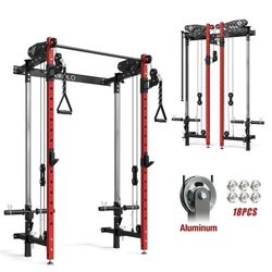 Mikolo Foldable Power Rack Cage,1000lbs Capacity Wall Mounted Squat Rack, Independent pulley system with Weight Bench, Red