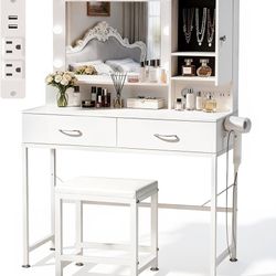 White Vanity Desk with Mirror and Lights 3 Colors, Compact Vanity Set with Bench & Power Outlet, Makeup Vanity Table with 2 Large Drawers and Jewelry 
