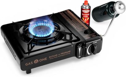 GasOne 10,000 BTU Dual Fuel Camp Stove – Butane and Propane Burner Portable Stove Camping Grill with Adjustable Heat Dial, Carry Case, Automatic Elect