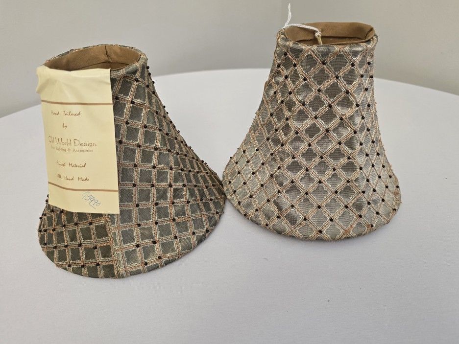 (2) Old World Design Vintage Green Bronze Shiny Beaded Clip-On Lamp Shade 6"H x 7" W