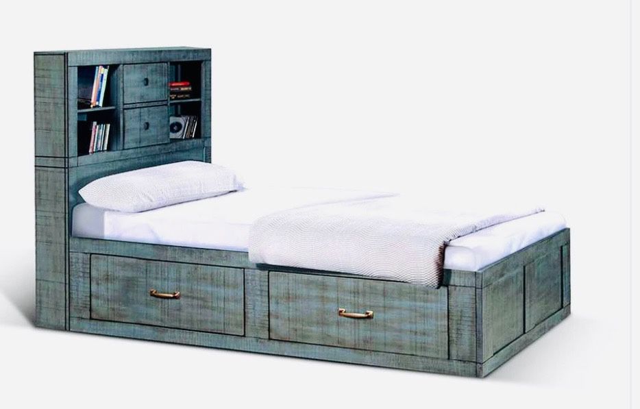 SOLID WOOD TWIN SZ CAPTAIN BED W BOOKCASE HEADBOARD W STORAGE DRAWERS