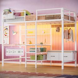 Twin Loft Bed with L-Shaped Desk and Charging Station Twin Size Metal Bed Frame with LED Lights,Storage Shelves and Coat Rack with 2 Storage Drawers,T