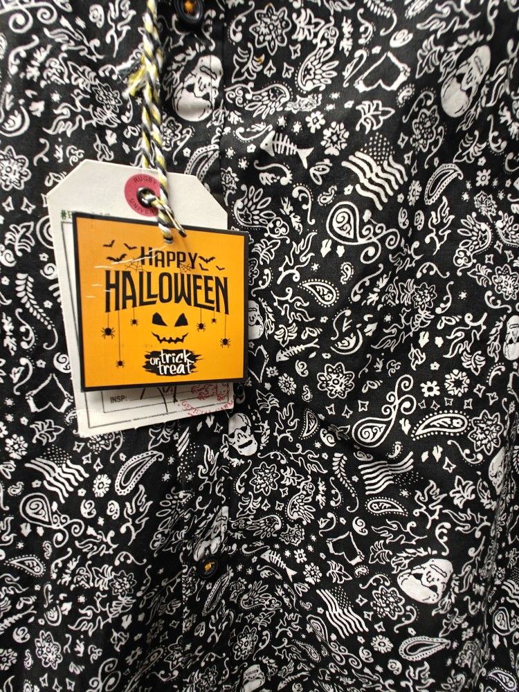 Halloween Skeleton Paisley Style High End Rugby Brand Custom Button Up Shirt With Custom Details 