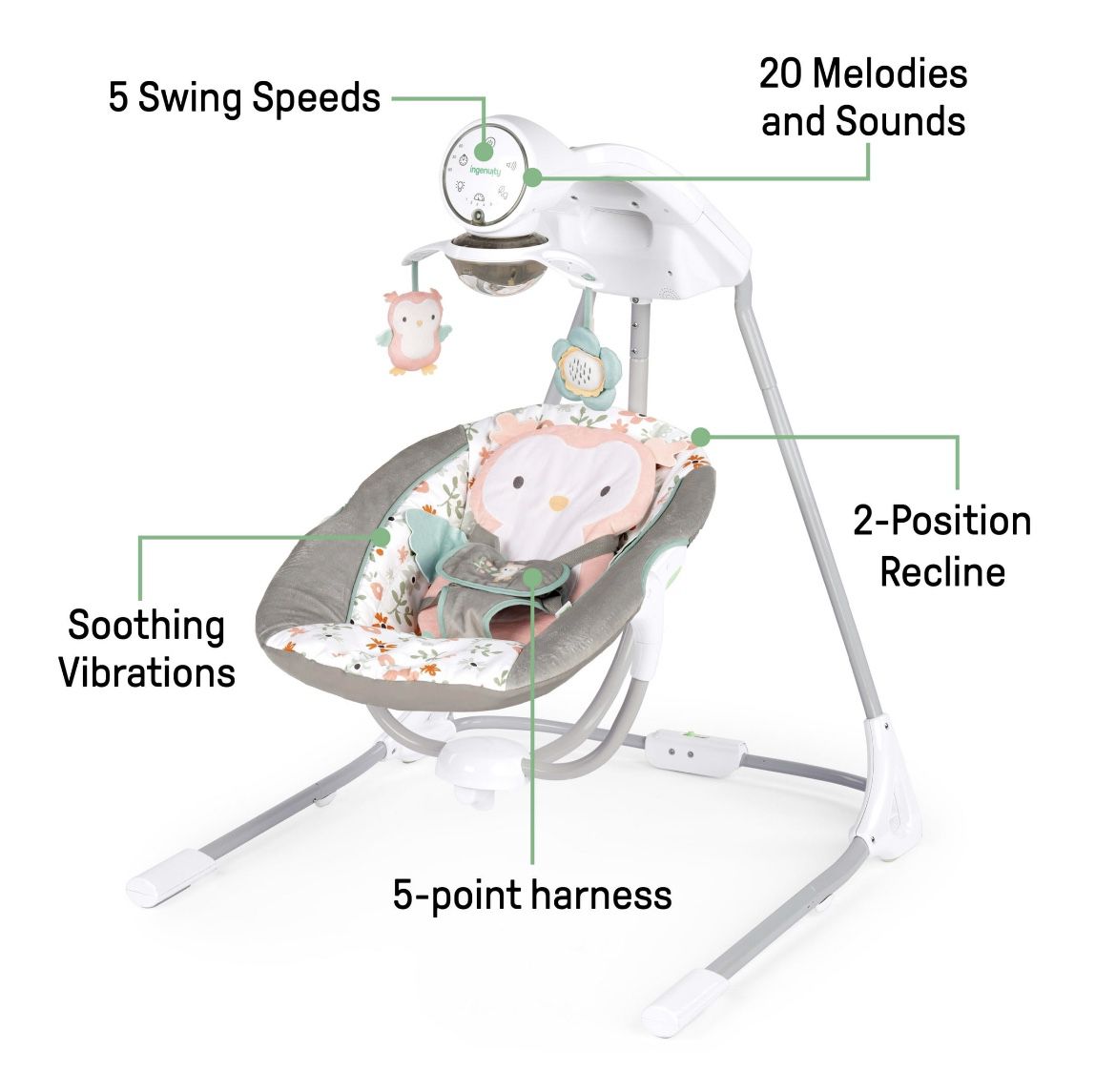 Ingenuity InLighten 5-Speed Baby Swing, Swivel Infant Seat, Nature Sounds, Lights - Pink, Nally