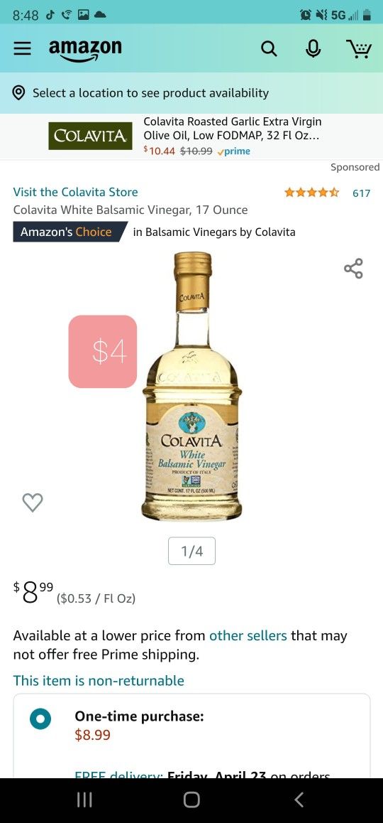 Colavita White Balsamic Vinegar, 17 Ounce